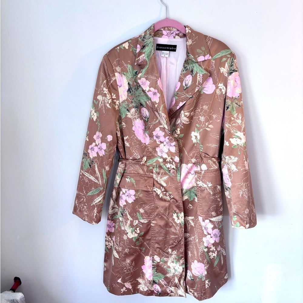 Bianca Nygard Vintage Women’s Spring Coat Size 14 Button Up Gold Floral Lined